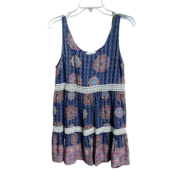 Entro Women's Small Navy Crochet‎ Lace Detail Tank Dress Scoop Neck Flowy Boho - Picture 1 of 10